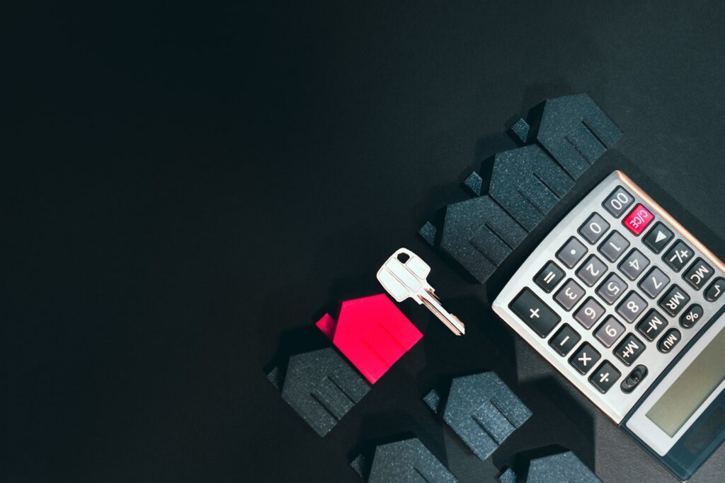 Real estate business finance background template. Calculator door key.