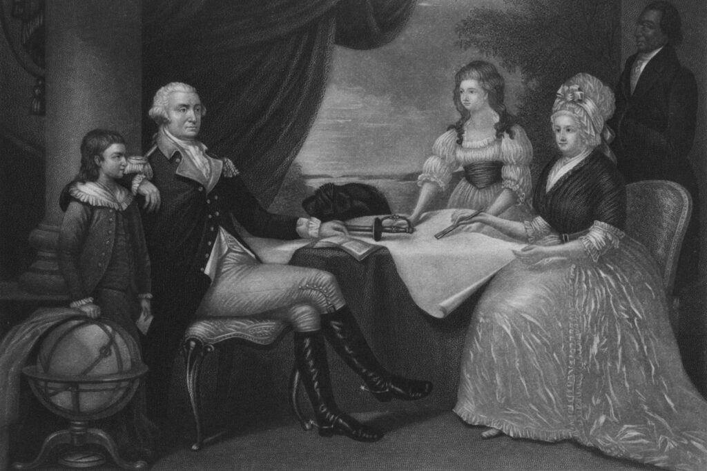 The Miriam and Ira D. Wallach Division of Art, Prints and Photographs: Print Collection, The New York Public Library. "Gen. George Washington and his family. (Geo. Washington Parke Custis, Gen. George Washington, Eleanore Parke Custis, Martha Washington, William Lee)" The New York Public Library Digital Collections. https://digitalcollections.nypl.org/items/510d47da-f34d-a3d9-e040-e00a18064a99
